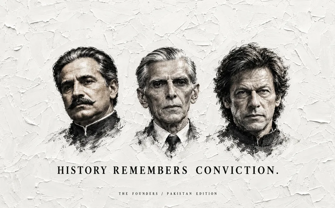 Painted portraits of Iqbal, Jinnah and Imran Khan: History remembers conviction